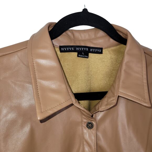 HYFVE Oversized Vegan Leather Button Up Long Sleeve Brown Jacket Women Sz L - Picture 7 of 10